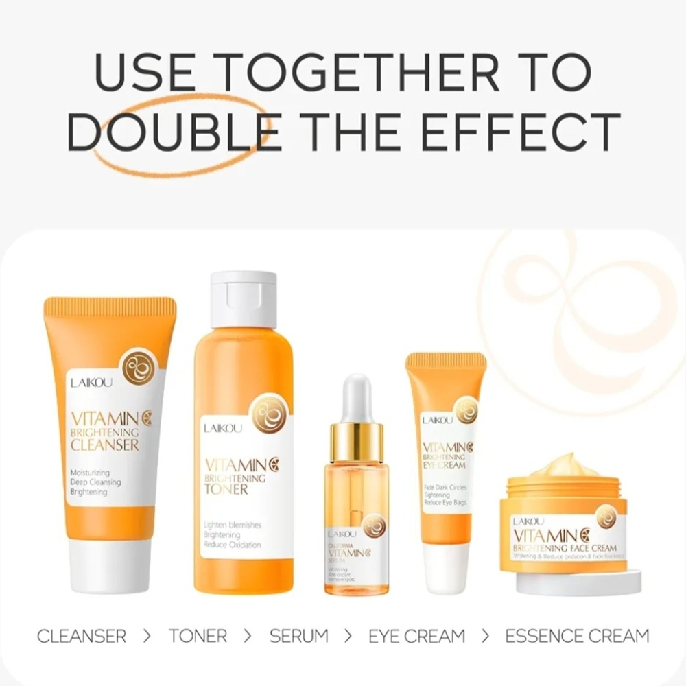 LAIKOU Vitamin C Skincare Set - Cleanser, Toner, Serum, Eye Cream, Essence Cream